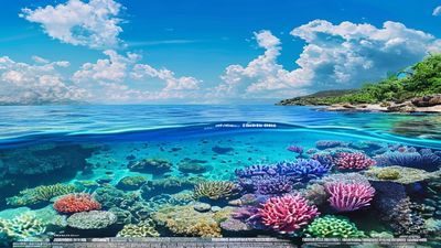 海角视频夏日自然纪录片预告封面，碧海蓝天下的珊瑚礁生态，画面色彩饱和鲜艳
